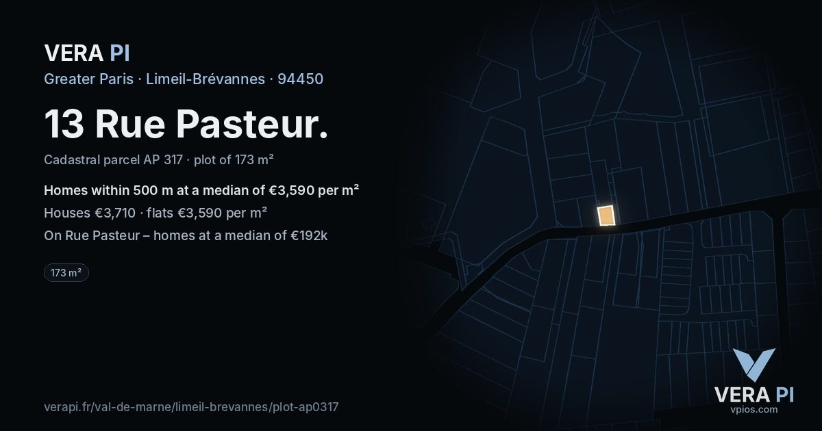 13 Rue Pasteur, Limeil-Brévannes at night – the plot lit, the parcels around coloured by the prices near them