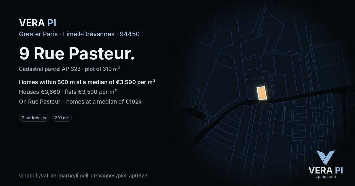9 Rue Pasteur, Limeil-Brévannes at night – the plot lit, the parcels around coloured by the prices near them