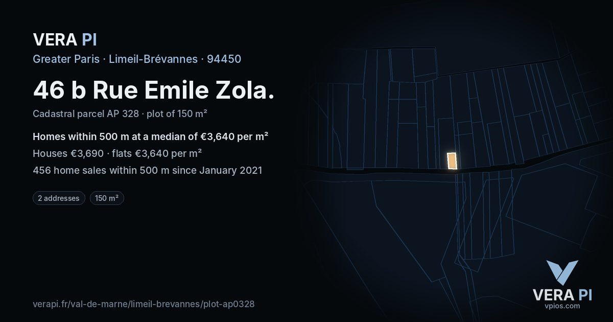 46 b Rue Emile Zola, Limeil-Brévannes at night – the plot lit, the parcels around coloured by the prices near them