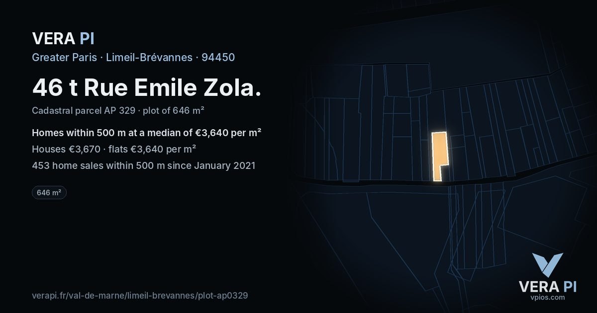 46 t Rue Emile Zola, Limeil-Brévannes at night – the plot lit, the parcels around coloured by the prices near them