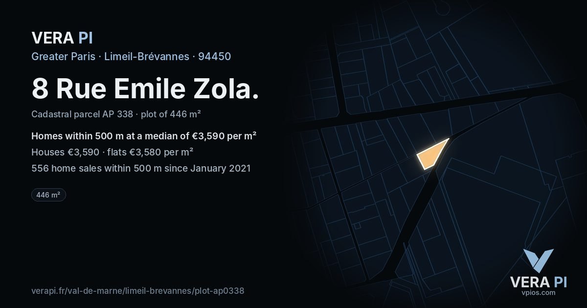 8 Rue Emile Zola, Limeil-Brévannes at night – the plot lit, the parcels around coloured by the prices near them