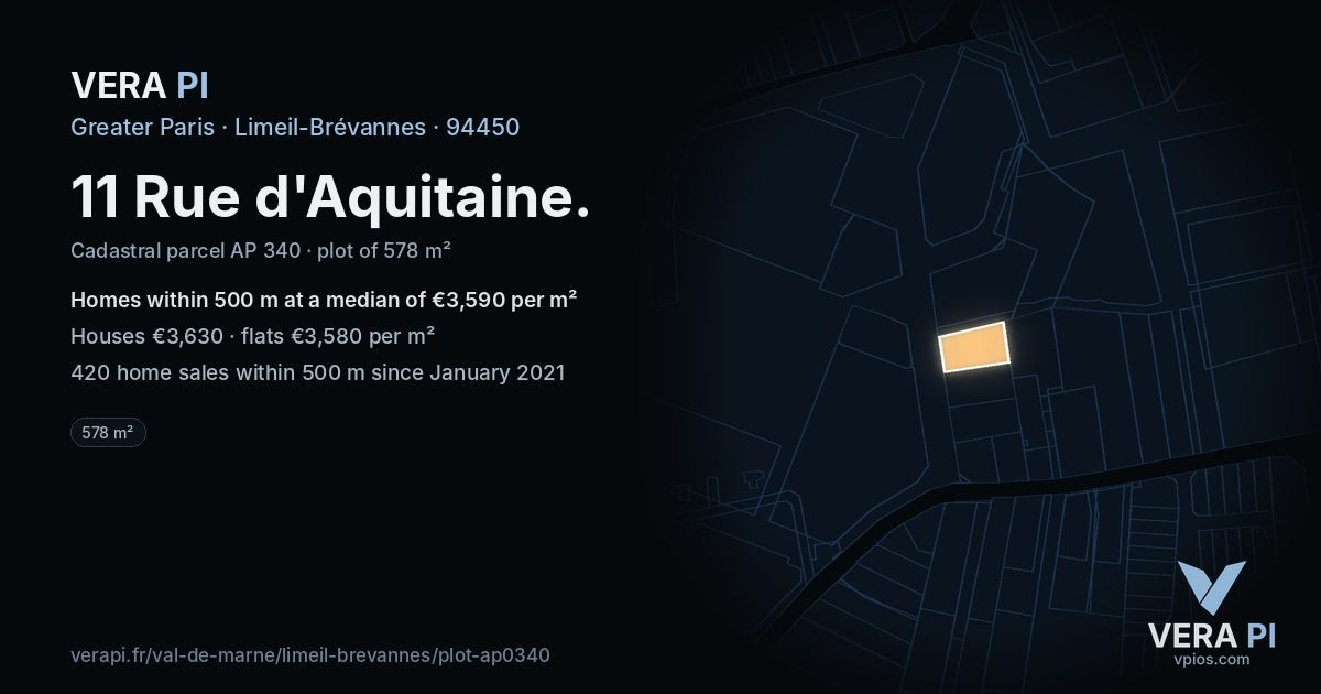 11 Rue d'Aquitaine, Limeil-Brévannes at night – the plot lit, the parcels around coloured by the prices near them
