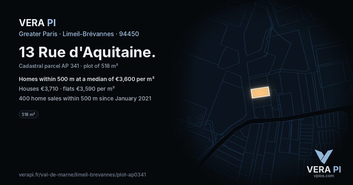 13 Rue d'Aquitaine, Limeil-Brévannes at night – the plot lit, the parcels around coloured by the prices near them
