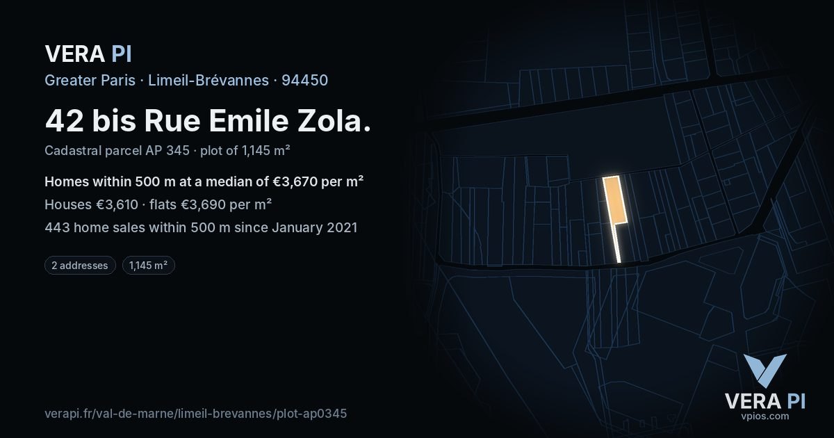 42 bis Rue Emile Zola, Limeil-Brévannes at night – the plot lit, the parcels around coloured by the prices near them