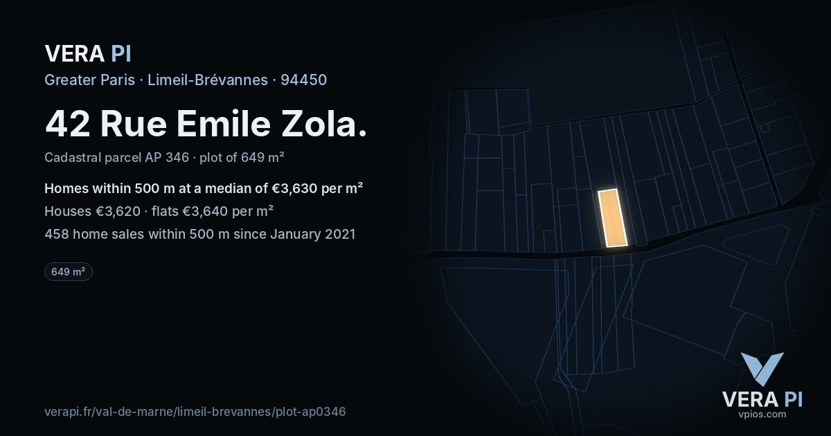42 Rue Emile Zola, Limeil-Brévannes at night – the plot lit, the parcels around coloured by the prices near them