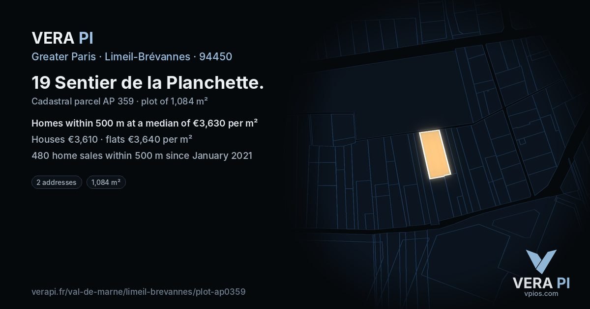 19 Sentier de la Planchette, Limeil-Brévannes at night – the plot lit, the parcels around coloured by the prices near them