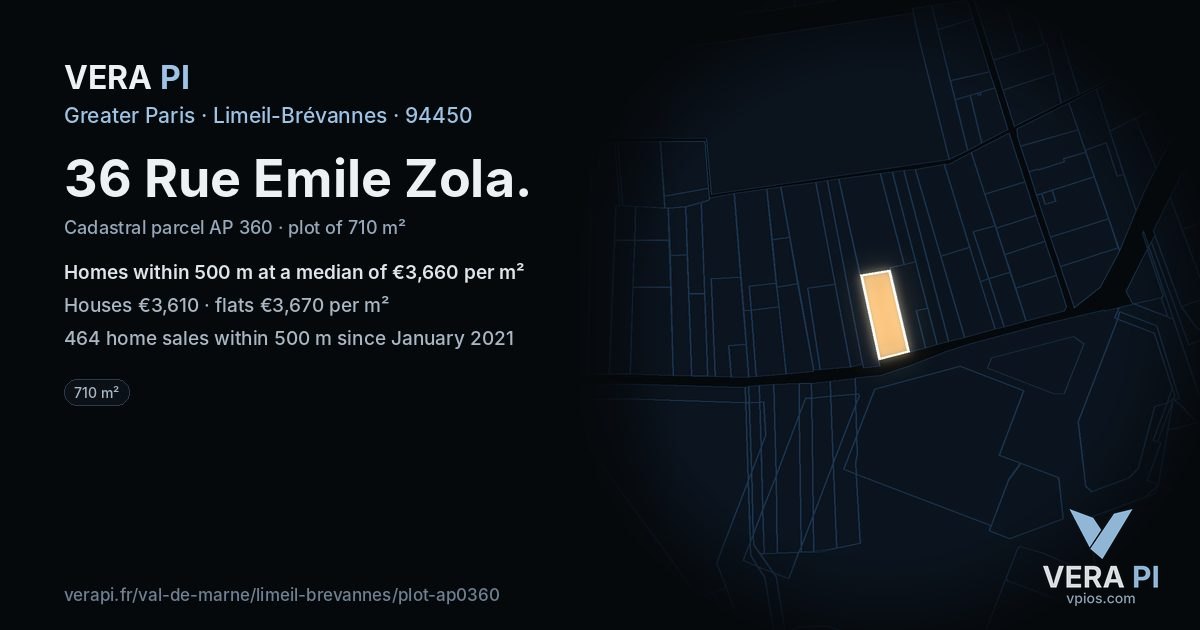 36 Rue Emile Zola, Limeil-Brévannes at night – the plot lit, the parcels around coloured by the prices near them