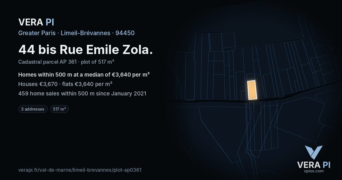 44 bis Rue Emile Zola, Limeil-Brévannes at night – the plot lit, the parcels around coloured by the prices near them