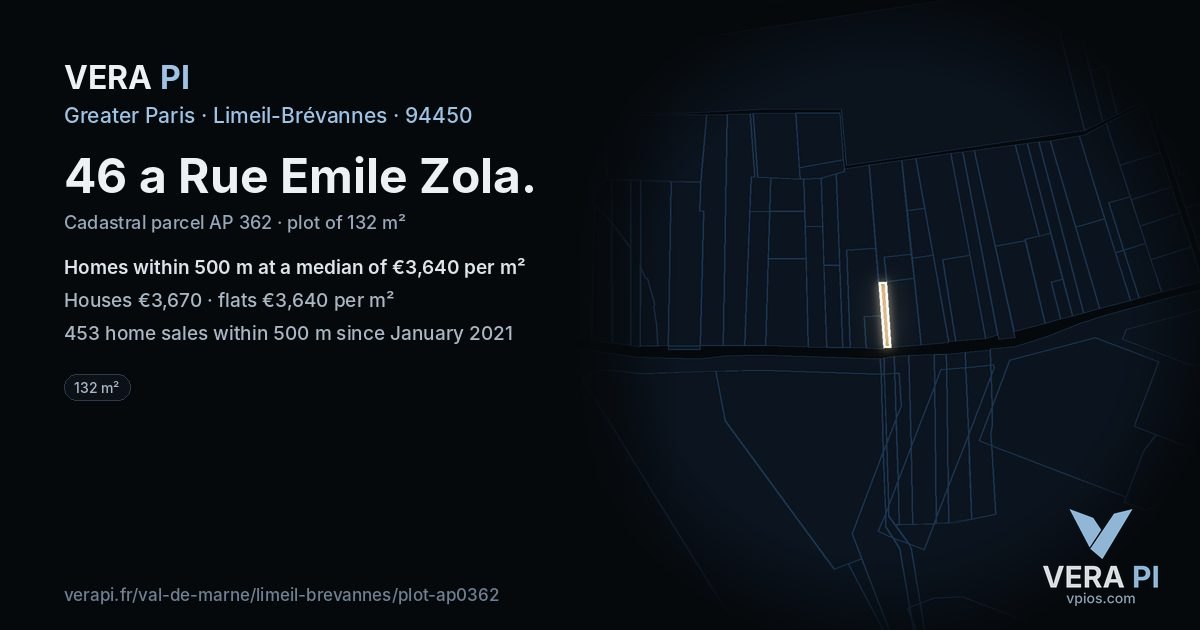 46 a Rue Emile Zola, Limeil-Brévannes at night – the plot lit, the parcels around coloured by the prices near them