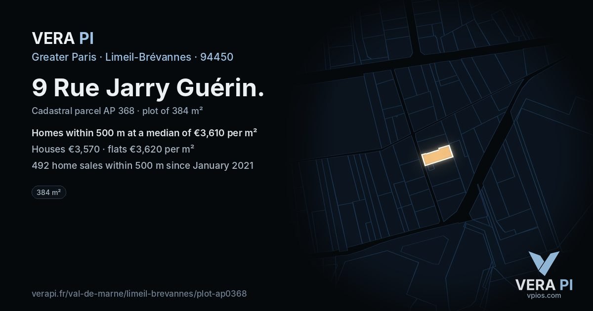 9 Rue Jarry Guérin, Limeil-Brévannes at night – the plot lit, the parcels around coloured by the prices near them