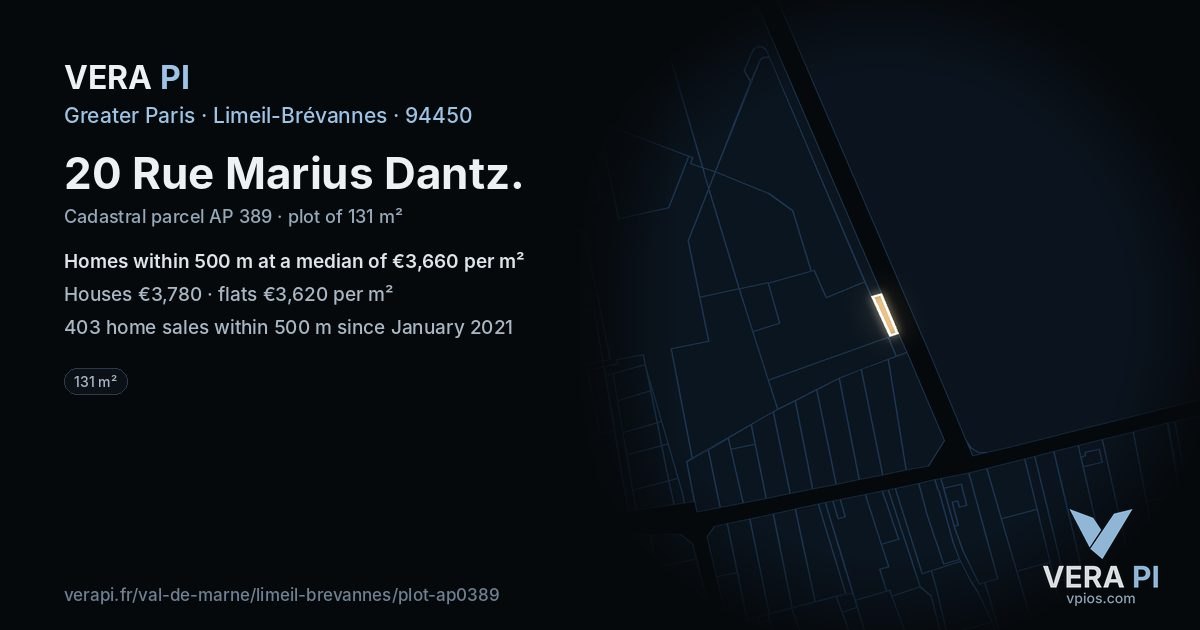 20 Rue Marius Dantz, Limeil-Brévannes at night – the plot lit, the parcels around coloured by the prices near them