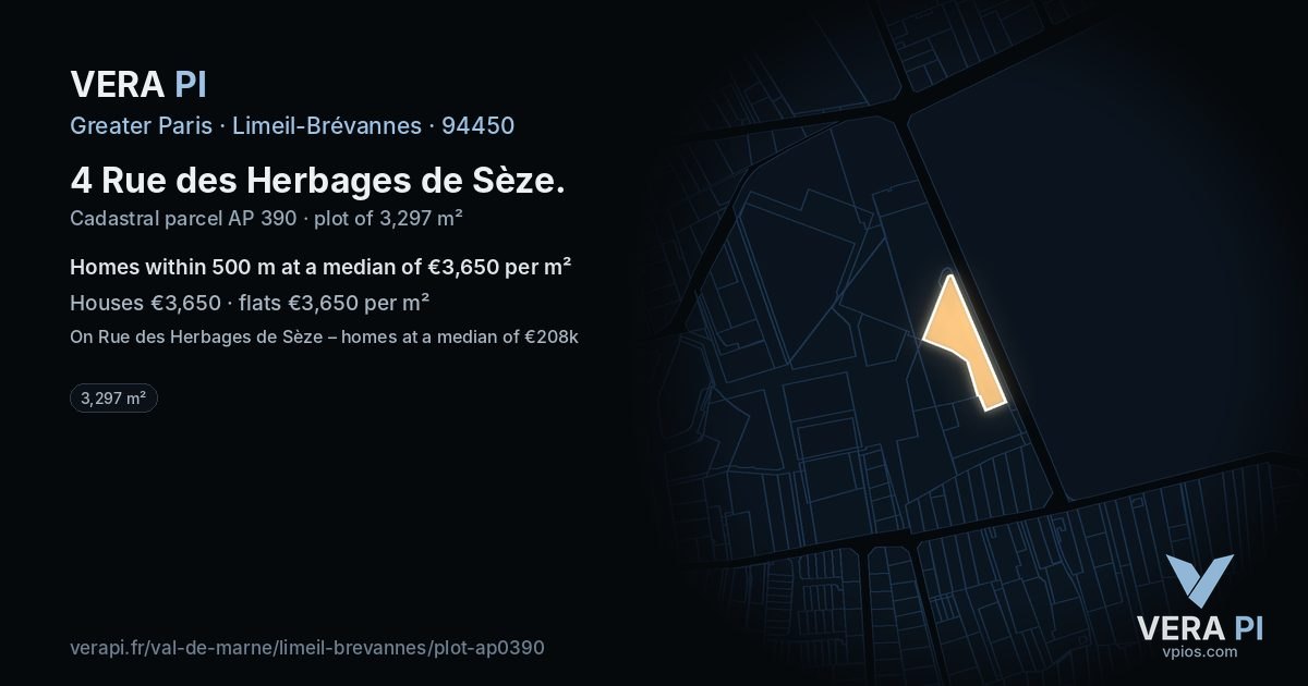 4 Rue des Herbages de Sèze, Limeil-Brévannes at night – the plot lit, the parcels around coloured by the prices near them