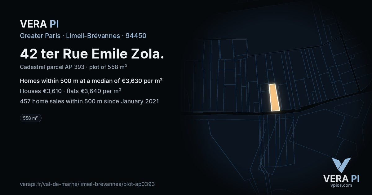 42 ter Rue Emile Zola, Limeil-Brévannes at night – the plot lit, the parcels around coloured by the prices near them