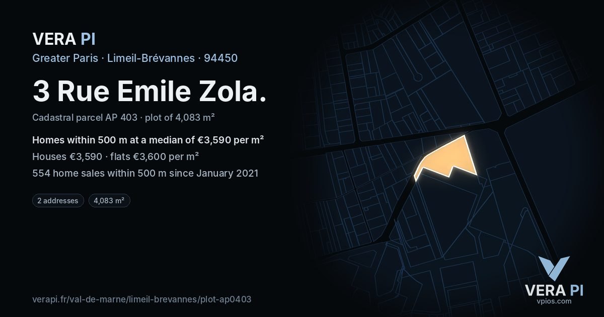 3 Rue Emile Zola, Limeil-Brévannes at night – the plot lit, the parcels around coloured by the prices near them