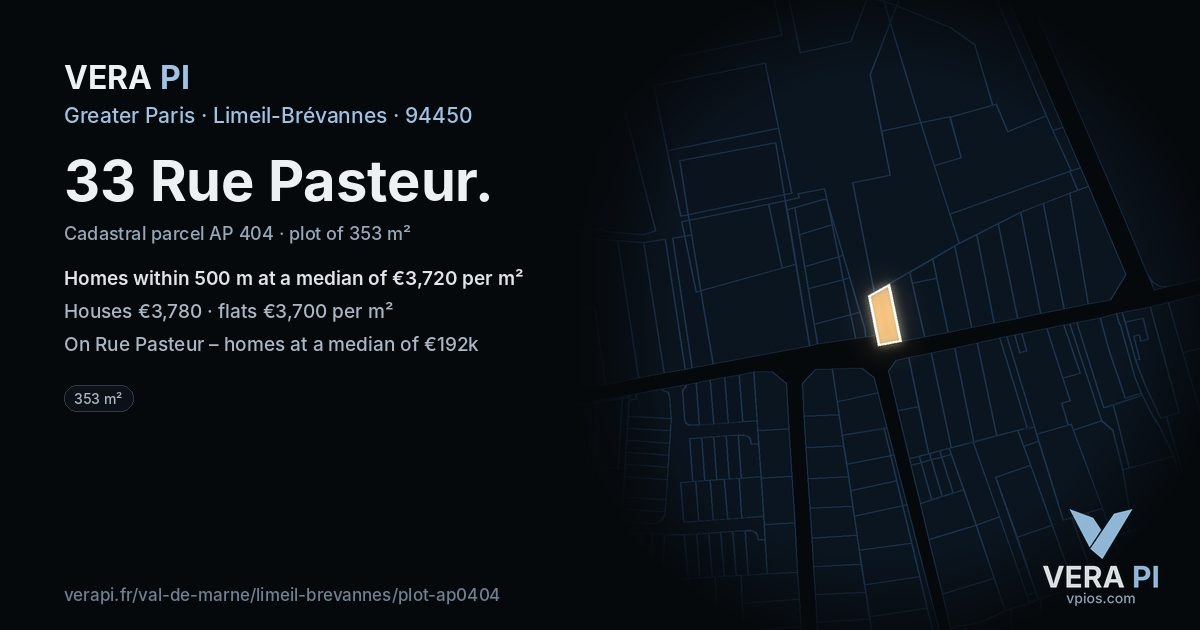 33 Rue Pasteur, Limeil-Brévannes at night – the plot lit, the parcels around coloured by the prices near them