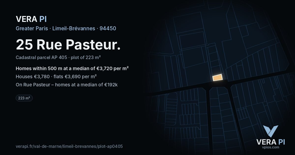 25 Rue Pasteur, Limeil-Brévannes at night – the plot lit, the parcels around coloured by the prices near them