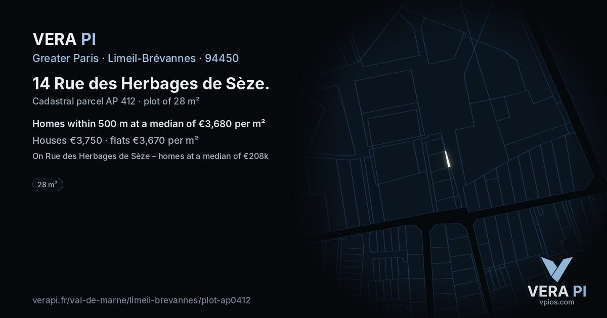 14 Rue des Herbages de Sèze, Limeil-Brévannes at night – the plot lit, the parcels around coloured by the prices near them