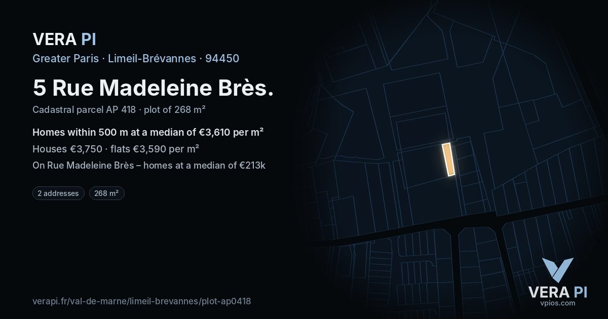 5 Rue Madeleine Brès, Limeil-Brévannes at night – the plot lit, the parcels around coloured by the prices near them