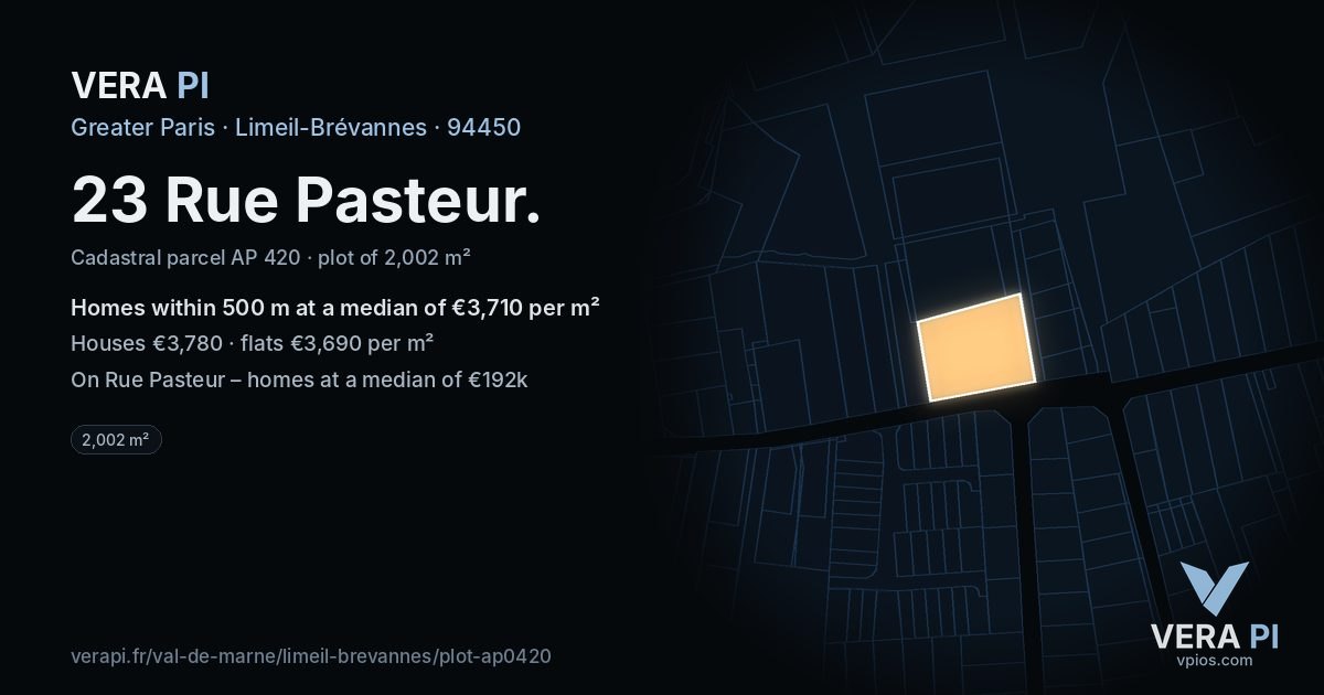 23 Rue Pasteur, Limeil-Brévannes at night – the plot lit, the parcels around coloured by the prices near them