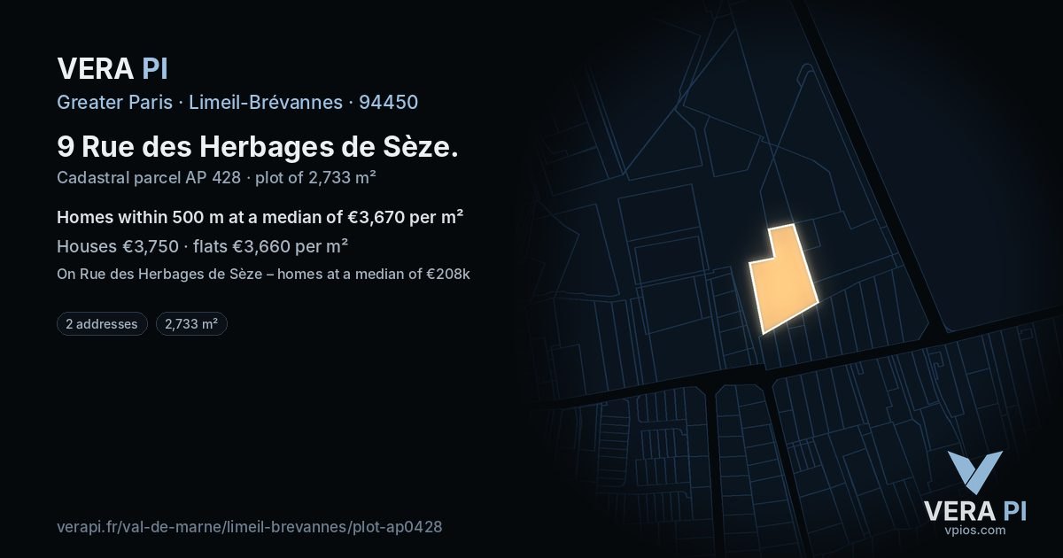 9 Rue des Herbages de Sèze, Limeil-Brévannes at night – the plot lit, the parcels around coloured by the prices near them
