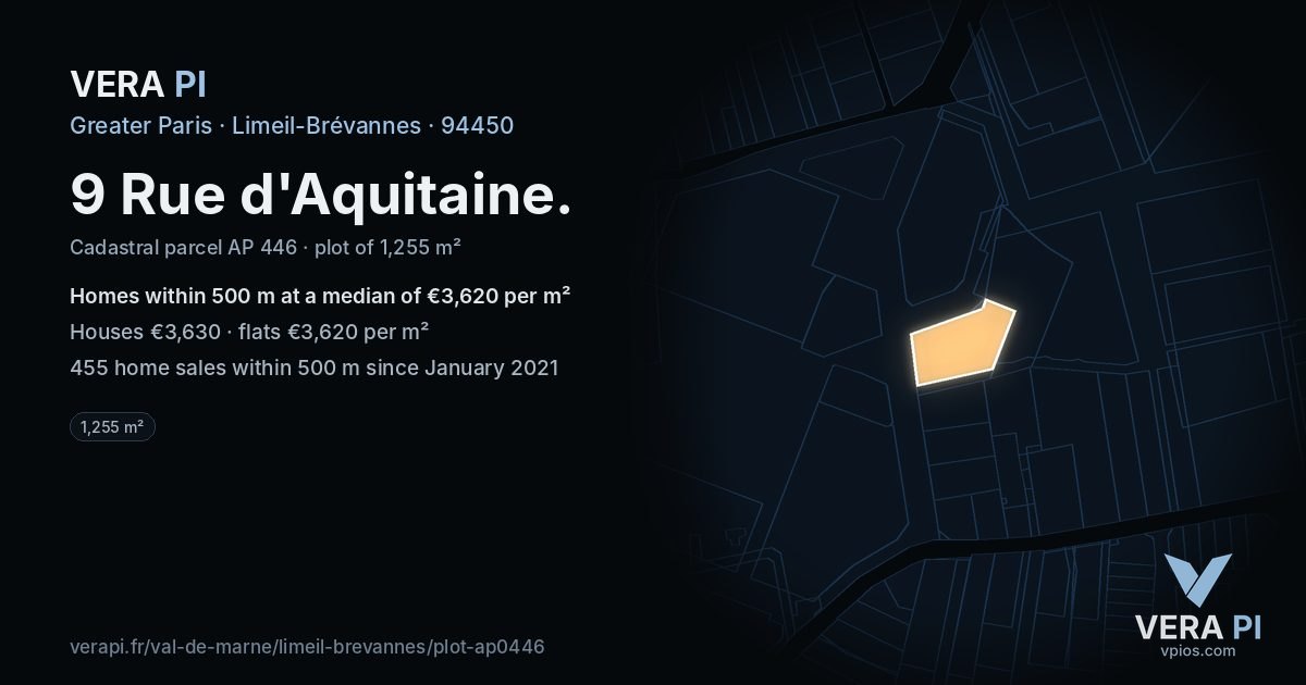 9 Rue d'Aquitaine, Limeil-Brévannes at night – the plot lit, the parcels around coloured by the prices near them