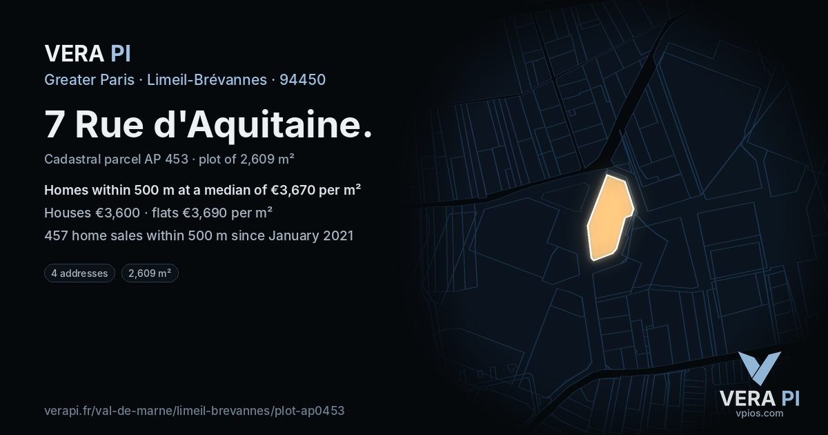 7 Rue d'Aquitaine, Limeil-Brévannes at night – the plot lit, the parcels around coloured by the prices near them