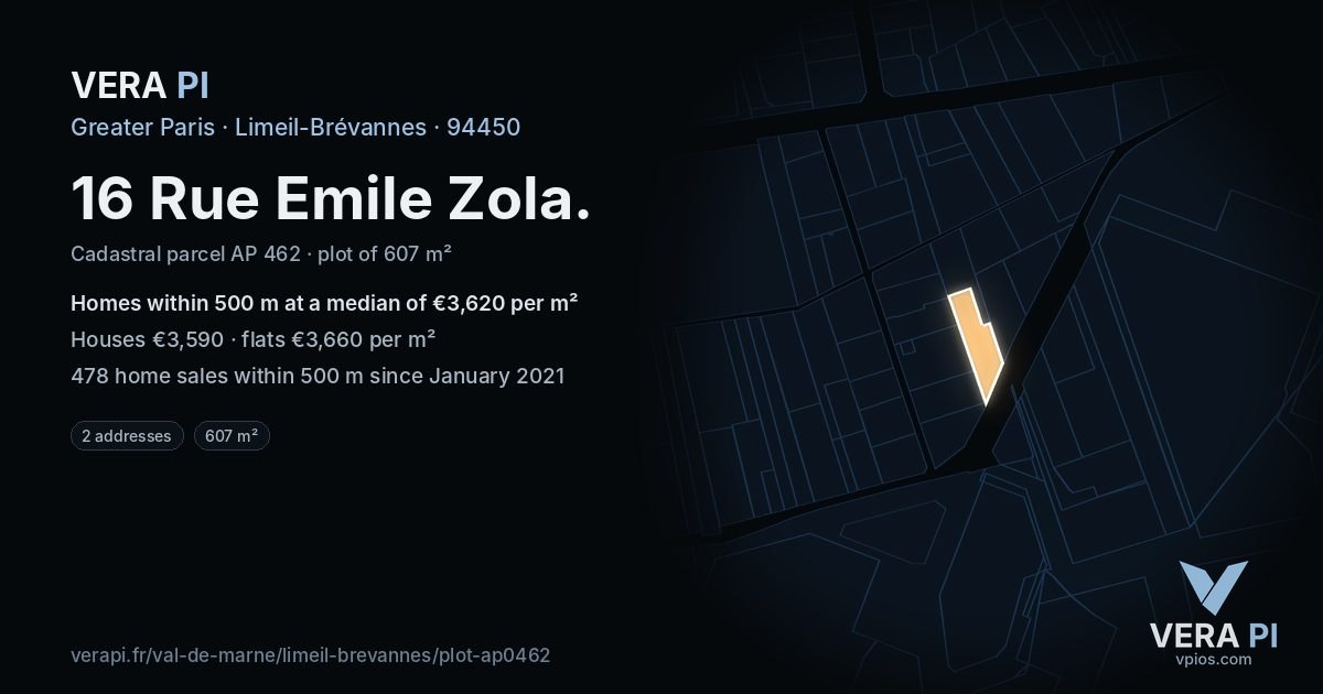 16 Rue Emile Zola, Limeil-Brévannes at night – the plot lit, the parcels around coloured by the prices near them