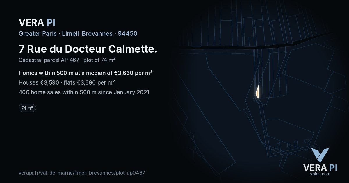 7 Rue du Docteur Calmette, Limeil-Brévannes at night – the plot lit, the parcels around coloured by the prices near them