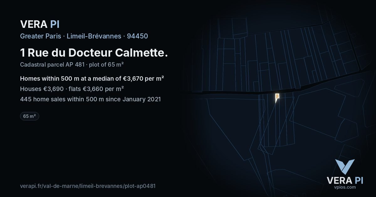 1 Rue du Docteur Calmette, Limeil-Brévannes at night – the plot lit, the parcels around coloured by the prices near them
