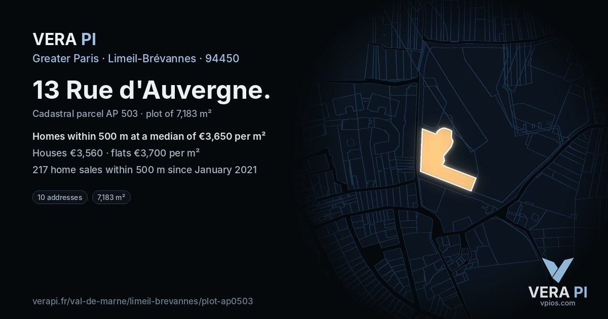 13 Rue d'Auvergne, Limeil-Brévannes at night – the plot lit, the parcels around coloured by the prices near them