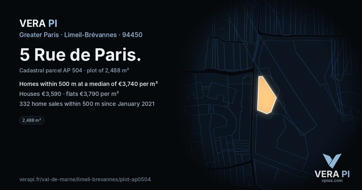 5 Rue de Paris, Limeil-Brévannes at night – the plot lit, the parcels around coloured by the prices near them