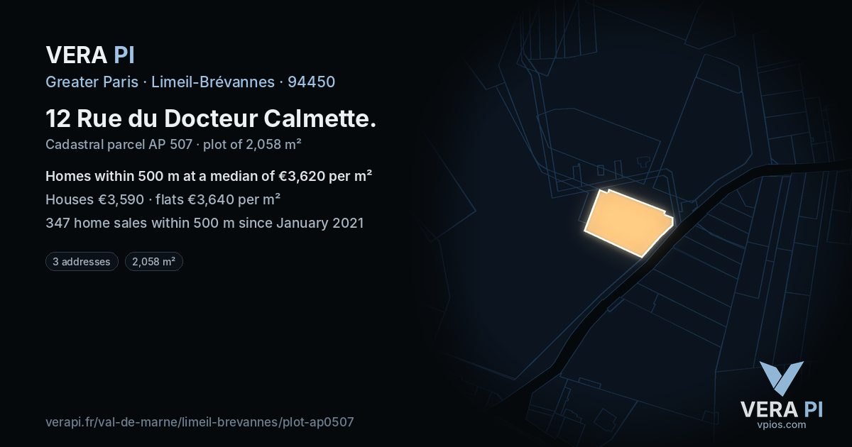 12 Rue du Docteur Calmette, Limeil-Brévannes at night – the plot lit, the parcels around coloured by the prices near them