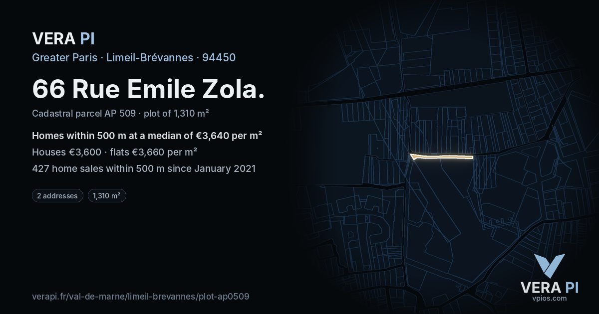 66 Rue Emile Zola, Limeil-Brévannes at night – the plot lit, the parcels around coloured by the prices near them