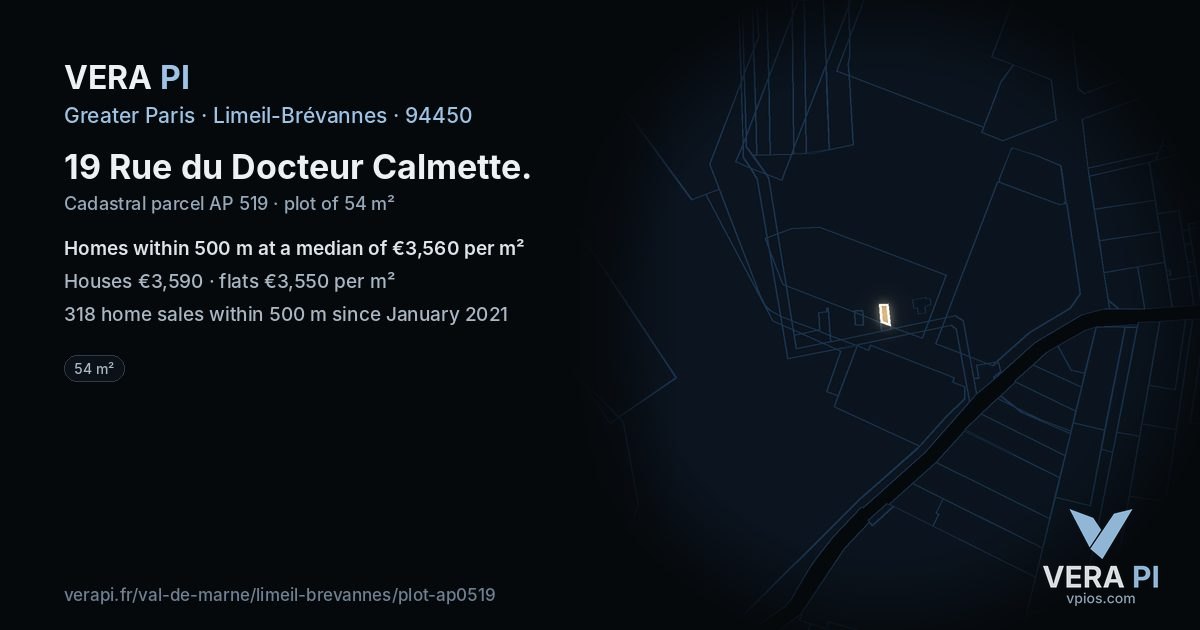 19 Rue du Docteur Calmette, Limeil-Brévannes at night – the plot lit, the parcels around coloured by the prices near them