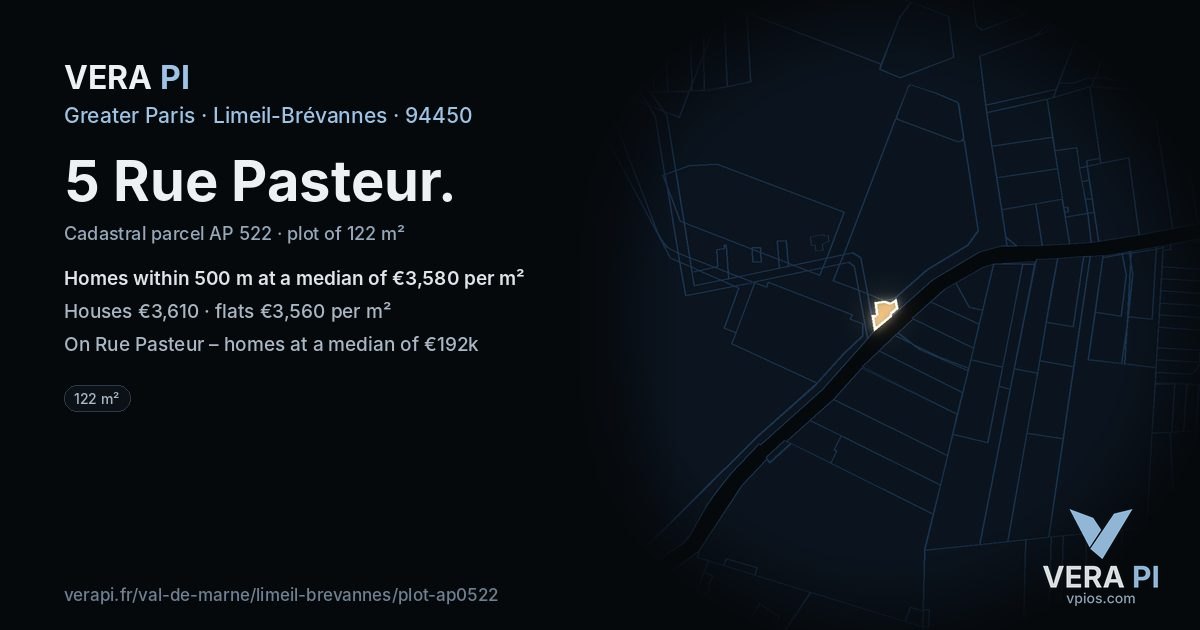 5 Rue Pasteur, Limeil-Brévannes at night – the plot lit, the parcels around coloured by the prices near them