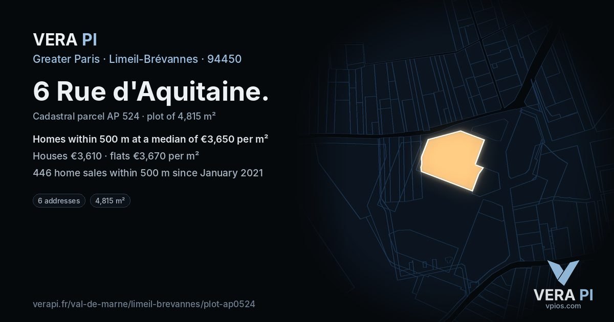 6 Rue d'Aquitaine, Limeil-Brévannes at night – the plot lit, the parcels around coloured by the prices near them