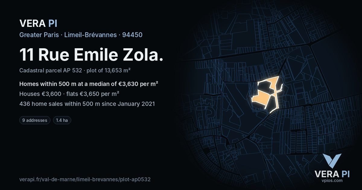 11 Rue Emile Zola, Limeil-Brévannes at night – the plot lit, the parcels around coloured by the prices near them