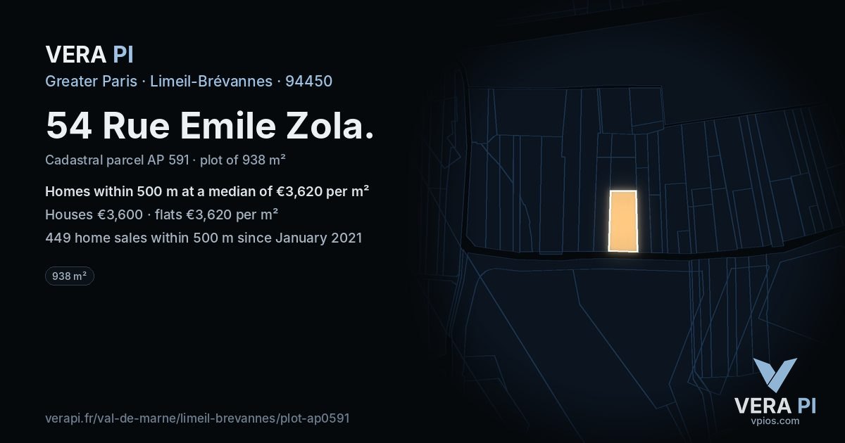 54 Rue Emile Zola, Limeil-Brévannes at night – the plot lit, the parcels around coloured by the prices near them