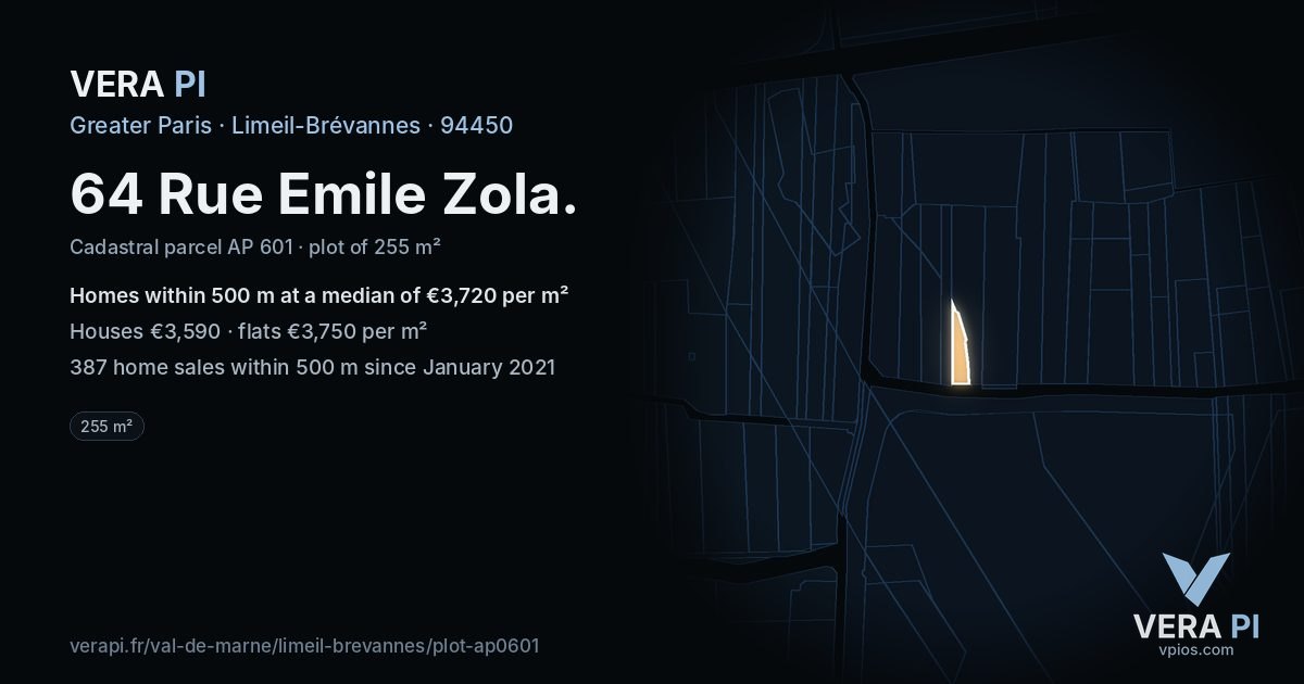 64 Rue Emile Zola, Limeil-Brévannes at night – the plot lit, the parcels around coloured by the prices near them
