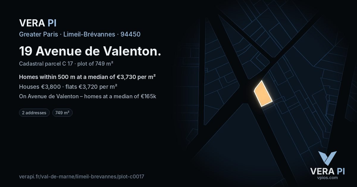 19 Avenue de Valenton, Limeil-Brévannes at night – the plot lit, the parcels around coloured by the prices near them
