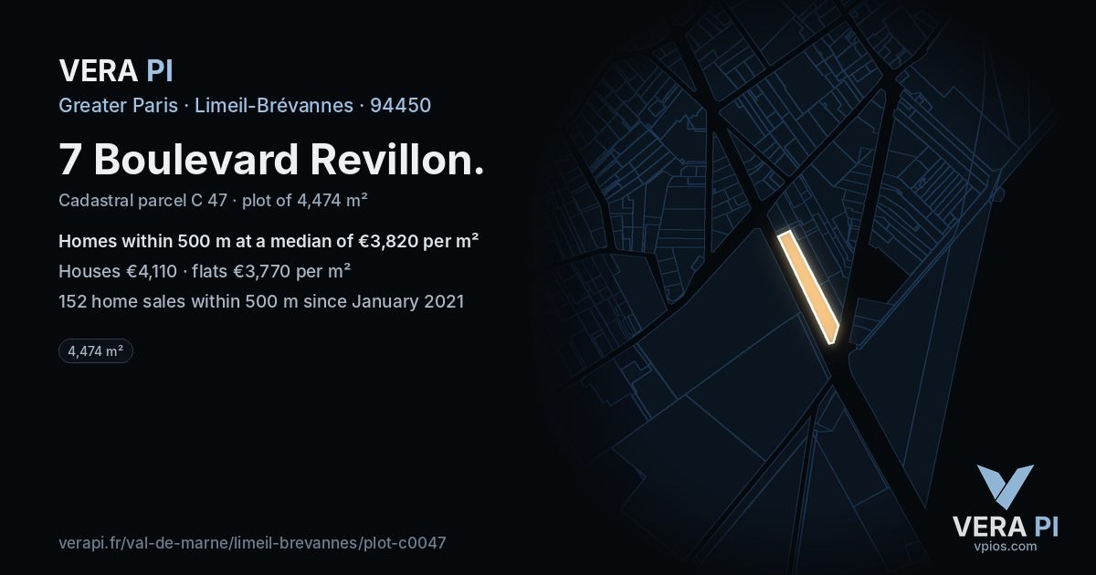 7 Boulevard Revillon, Limeil-Brévannes at night – the plot lit, the parcels around coloured by the prices near them