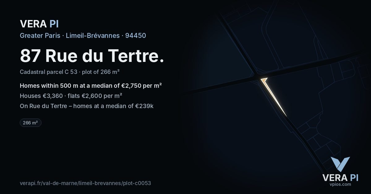 87 Rue du Tertre, Limeil-Brévannes at night – the plot lit, the parcels around coloured by the prices near them