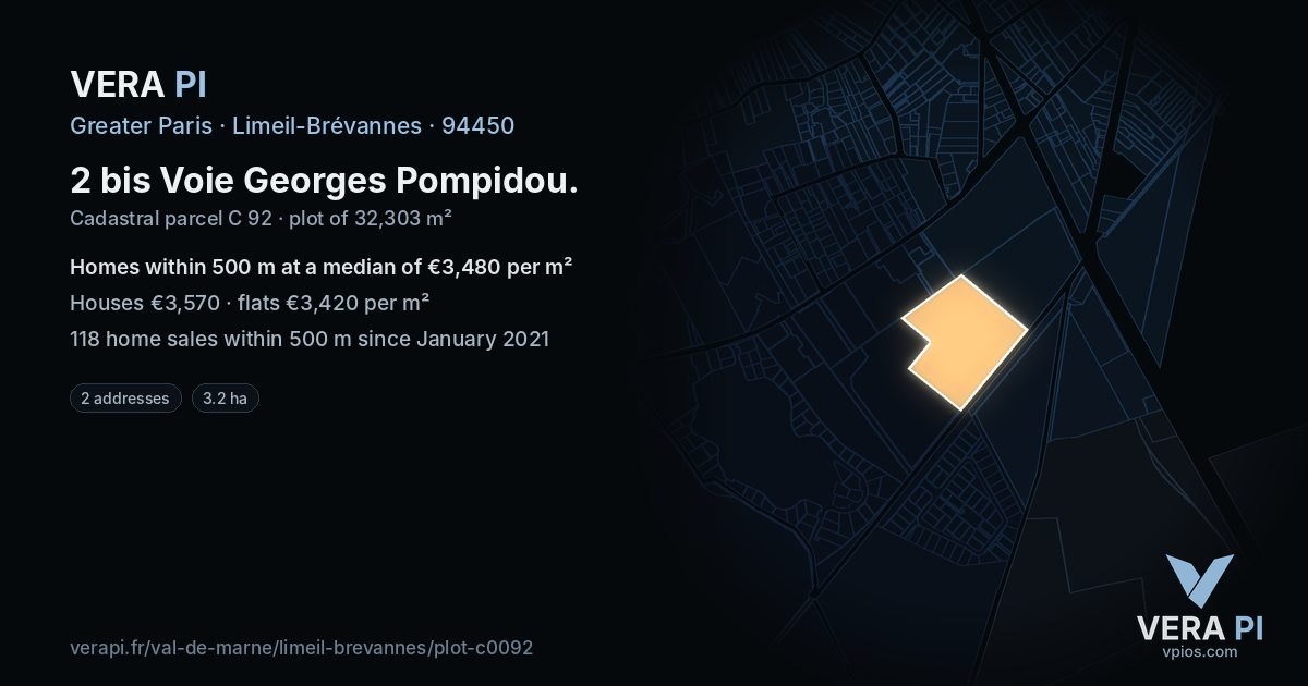 2 bis Voie Georges Pompidou, Limeil-Brévannes at night – the plot lit, the parcels around coloured by the prices near them