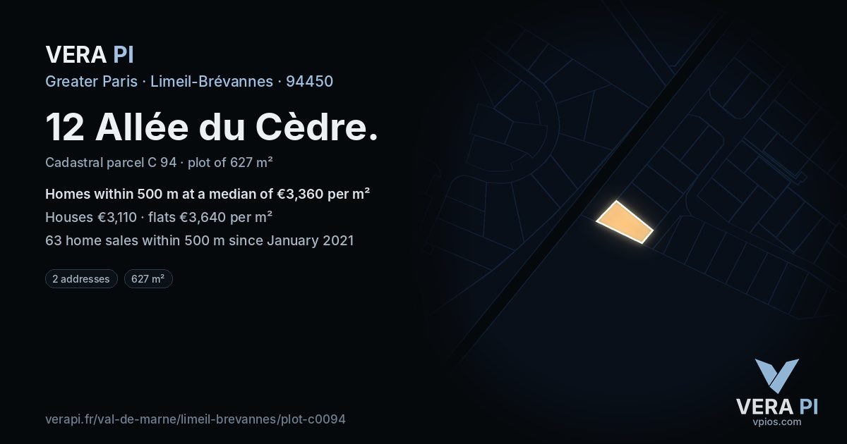 12 Allée du Cèdre, Limeil-Brévannes at night – the plot lit, the parcels around coloured by the prices near them