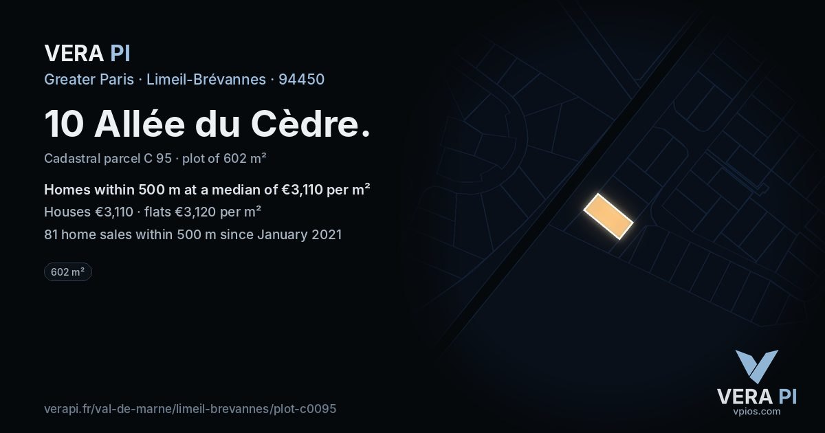 10 Allée du Cèdre, Limeil-Brévannes at night – the plot lit, the parcels around coloured by the prices near them