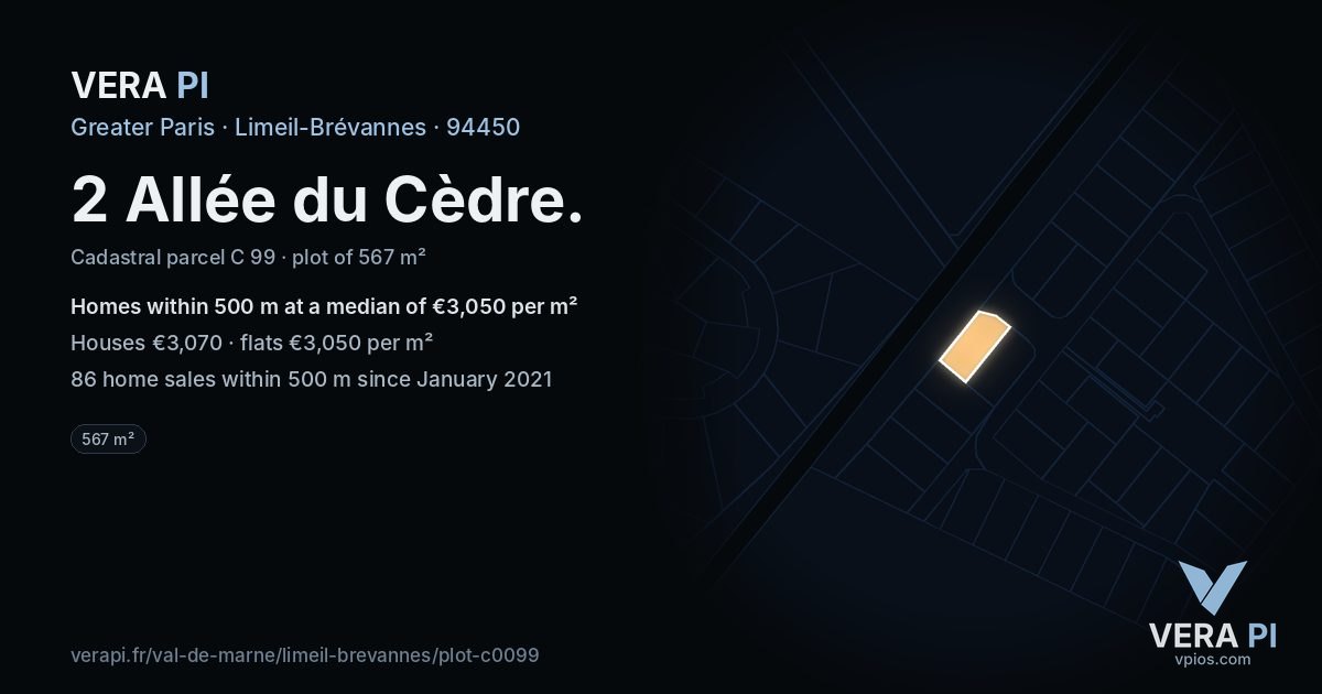 2 Allée du Cèdre, Limeil-Brévannes at night – the plot lit, the parcels around coloured by the prices near them