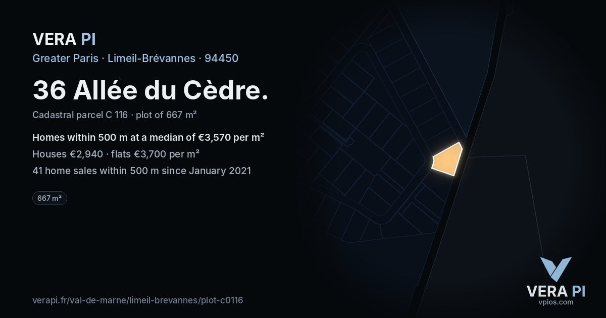 36 Allée du Cèdre, Limeil-Brévannes at night – the plot lit, the parcels around coloured by the prices near them