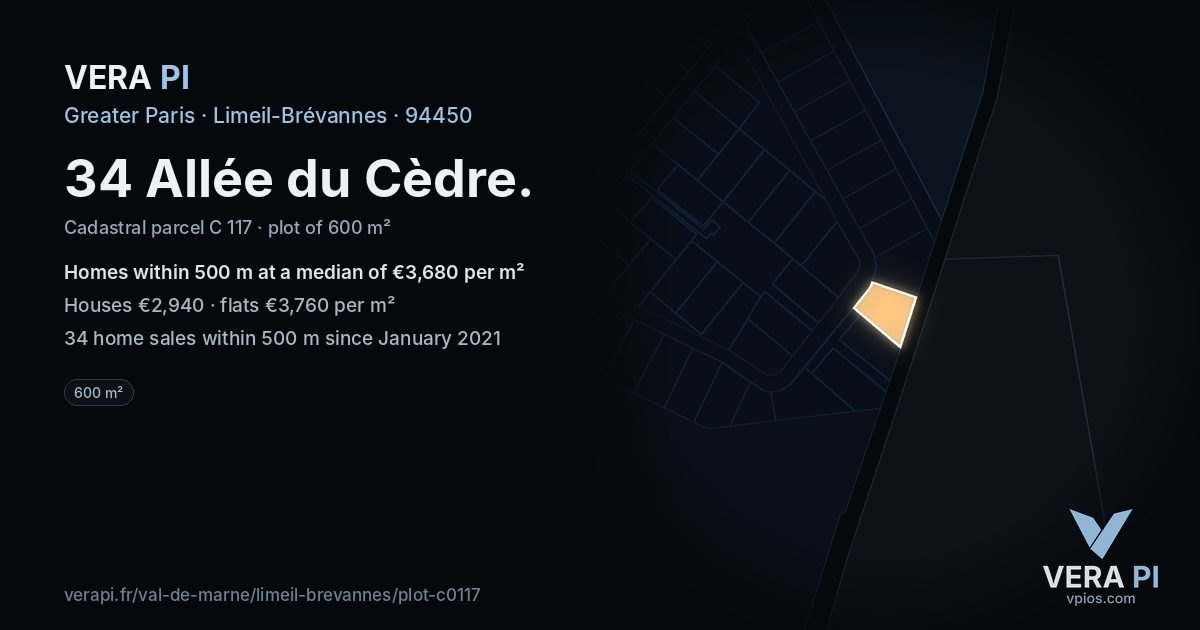 34 Allée du Cèdre, Limeil-Brévannes at night – the plot lit, the parcels around coloured by the prices near them