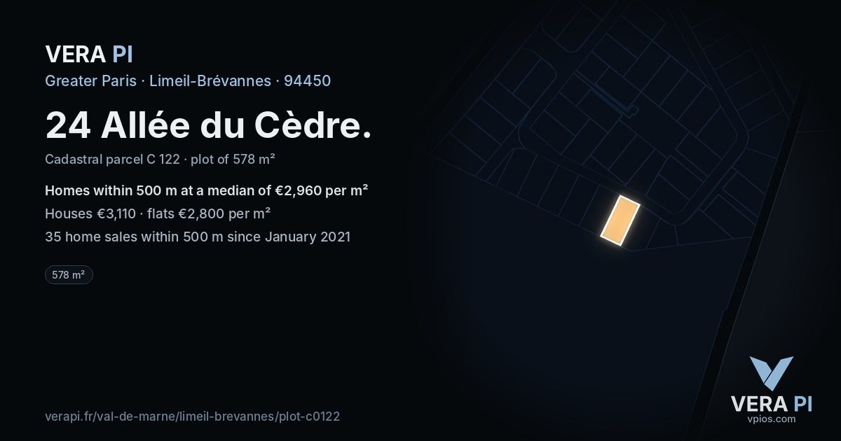 24 Allée du Cèdre, Limeil-Brévannes at night – the plot lit, the parcels around coloured by the prices near them