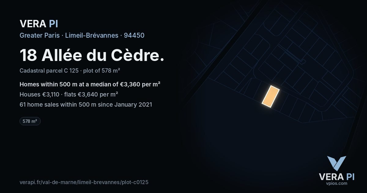 18 Allée du Cèdre, Limeil-Brévannes at night – the plot lit, the parcels around coloured by the prices near them